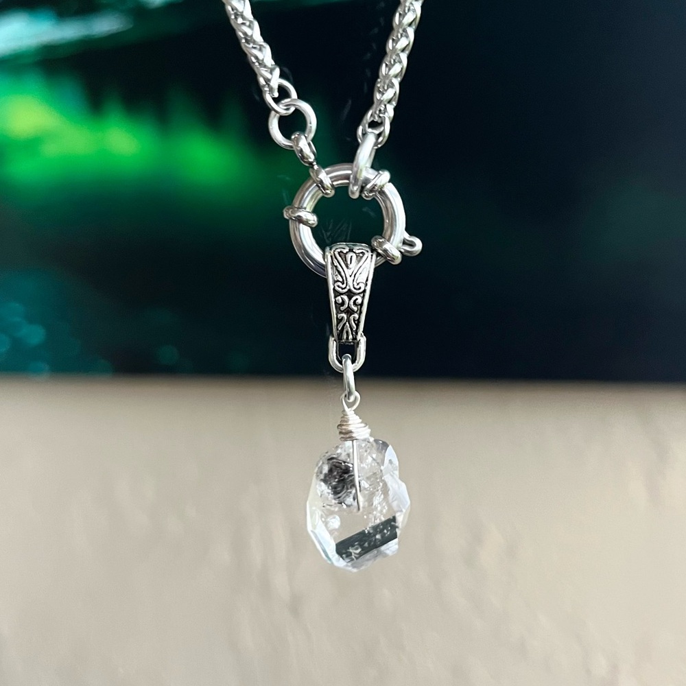 Genuine big herkimer diamond stainless steel wheat chain clasp in front necklace - Picture 5 of 15